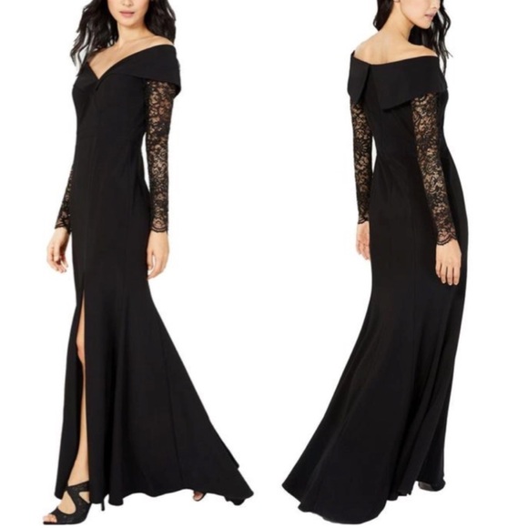NWT Xscape Black Lace Sequin Sleeves Off the Shoulder Formal Evening Maxi Gown 8 - Picture 1 of 13